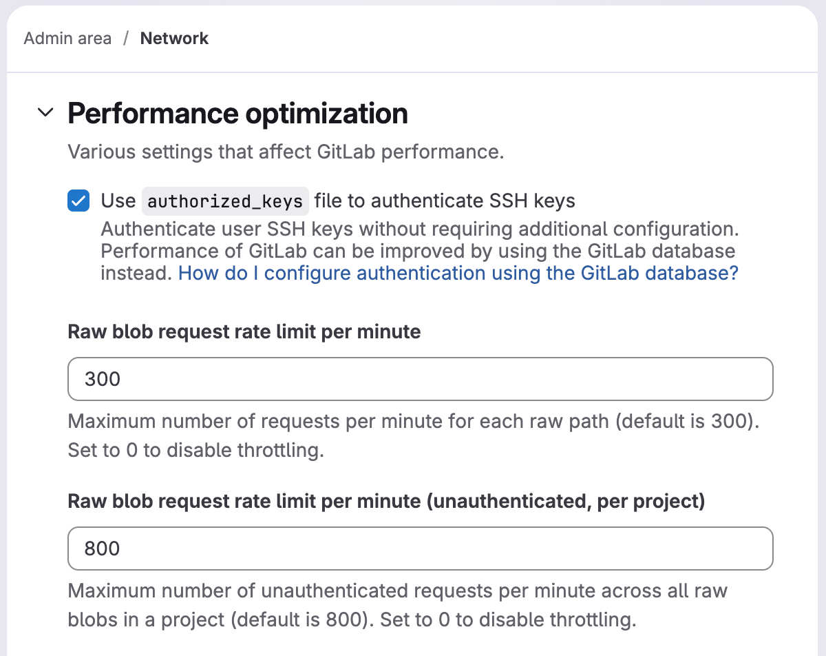 The raw blob request rate limit per minute set to 300 and 800.
