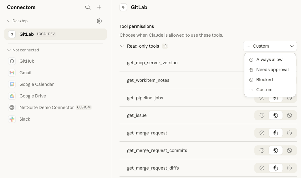Viewing tool permissions for a connector in Claude Desktop