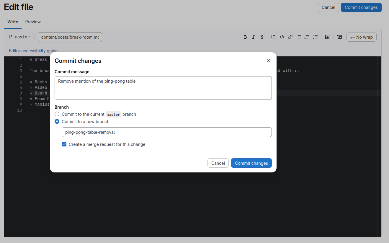 The commit changes form with example values. The commit message is "Remove mention of the ping-pong table", "commit to a new branch" is selected, and the branch is named "ping-pong-table-removal".
