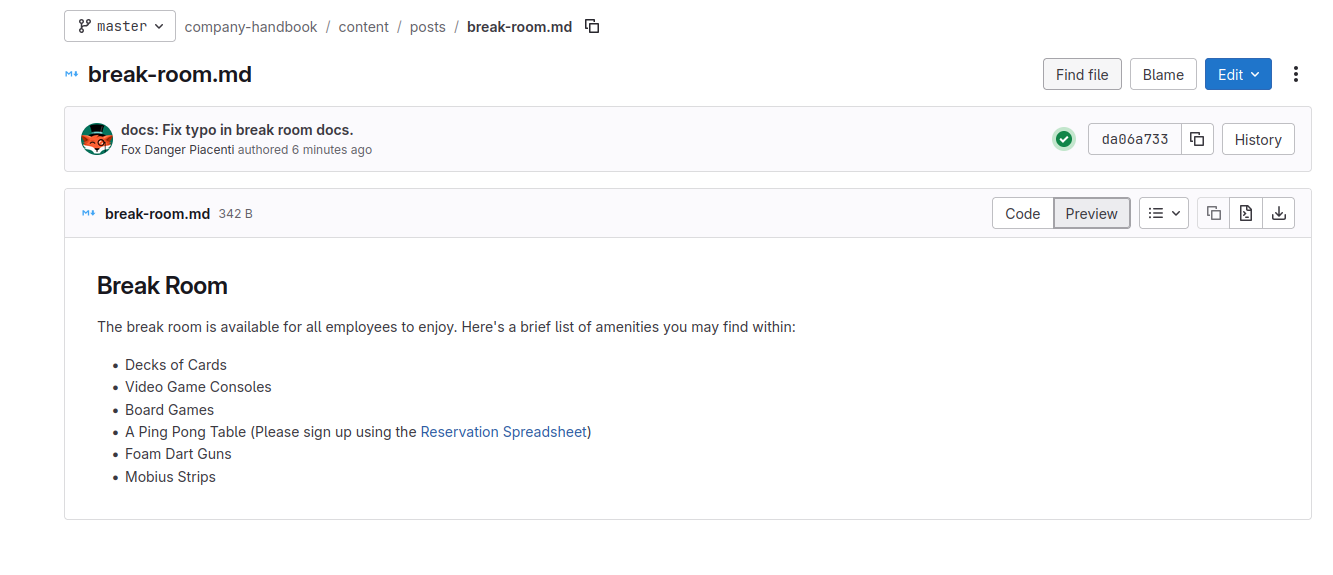 The "break-room.md" file is shown in detail. Its contents show amenities such as cards, video games, and a pool table.