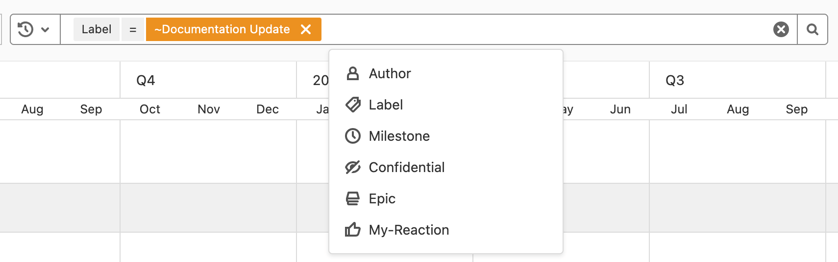 Filtering a GitLab epics roadmap by 'Documentation Update' label, showing additional filter options in the dropdown .